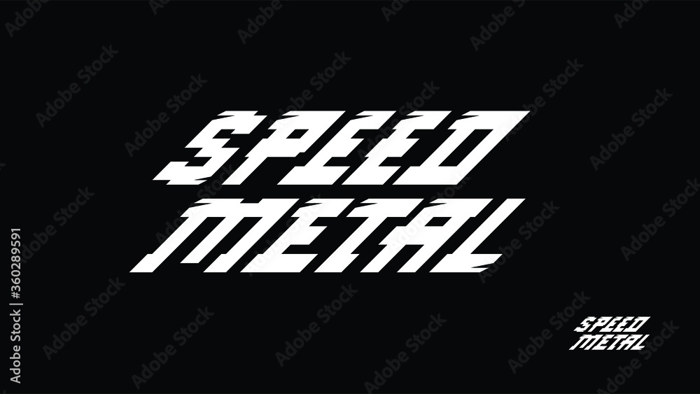 Custom made Speed Metal music logo font in bold, italic style and added movement details, cutouts. 