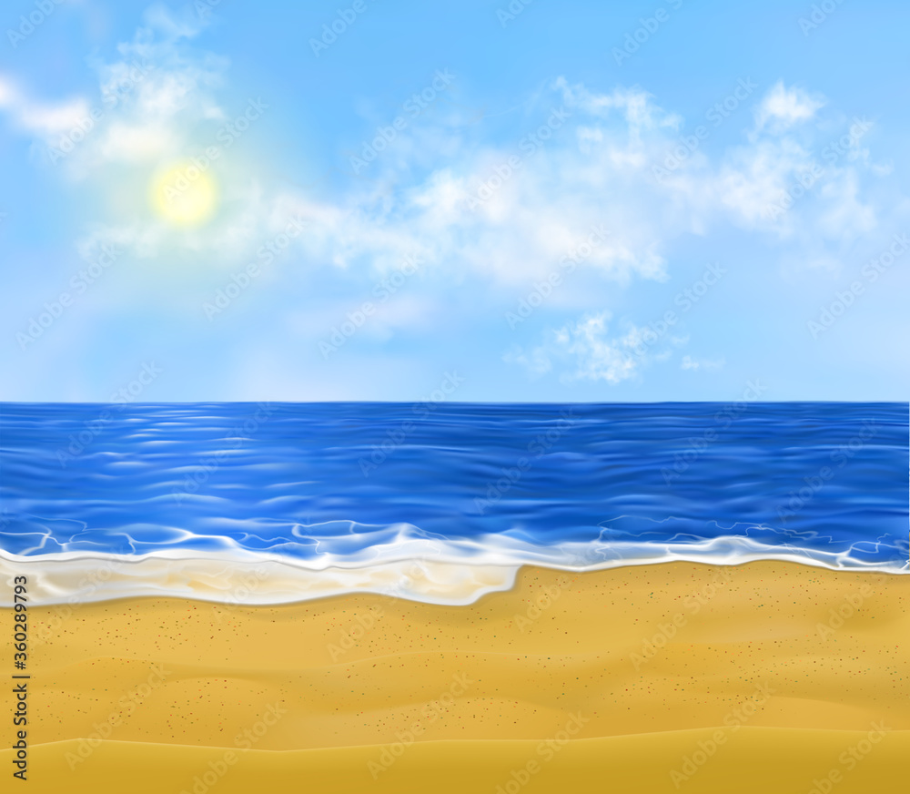 Realistic vector paradise sand beach early at morning with nobody on it. Sun is shining above the sea and white yellow sand dunes gradually get warm. Waves with white foam are swashing the coast.