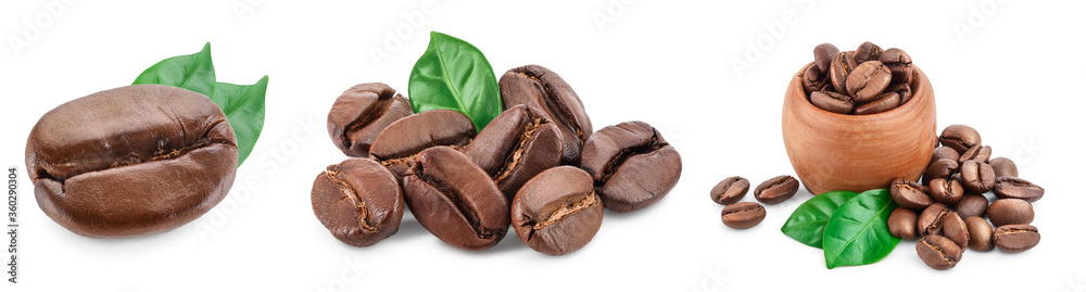 Heap of roasted coffee beans with leaves isolated on white background . Set or collection Heap of roasted coffee beans with leaves isolated on white background . Set or collection