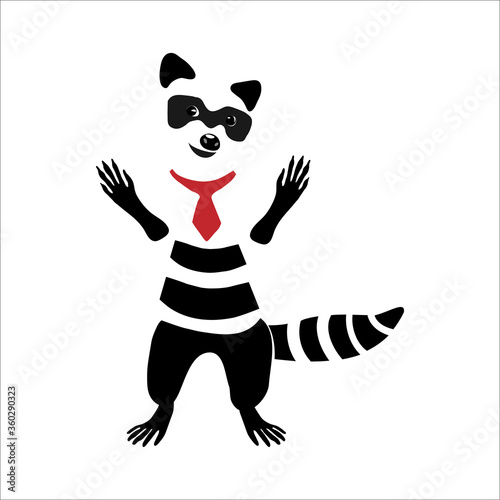A raccoon in a red tie stands on its hind legs. Cute animals.