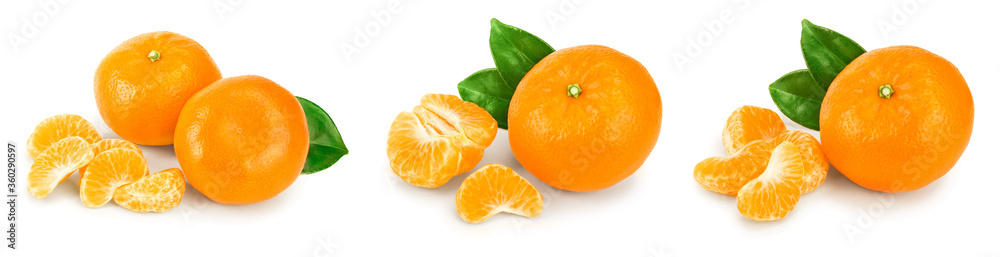 tangerine or mandarin fruit with leaves isolated on white background. Set or collection tangerine or mandarin fruit with leaves isolated on white background. Set or collection