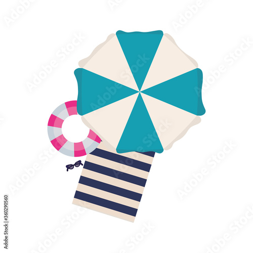 striped umbrella towel and float design, Summer vacation tropical relaxation outdoor nature tourism relax lifestyle and paradise theme Vector illustration