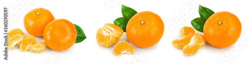 tangerine or mandarin fruit with leaves isolated on white background. Set or collection