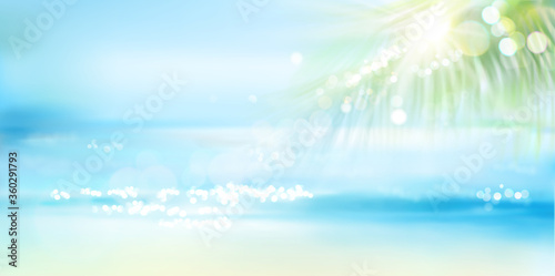 Sandy beach with palm tree in summer. Waves on the seashore. Sunrise over the sea. Vector illustration.