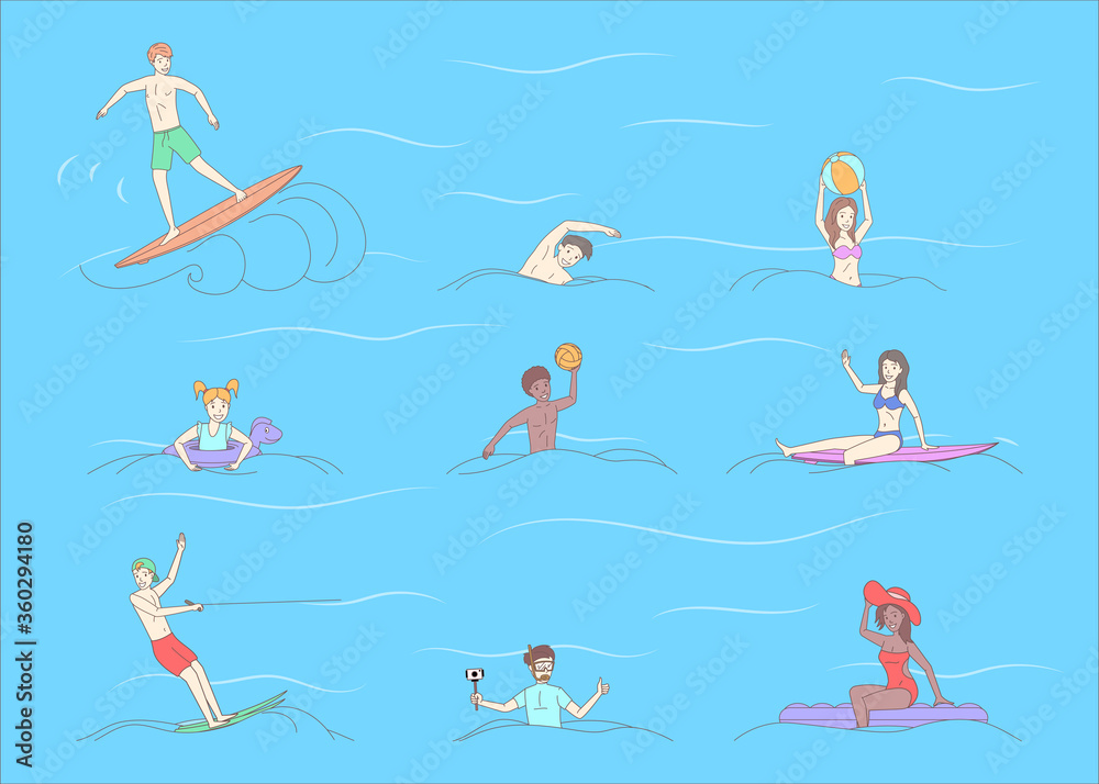 Happy people in swimwear doing water activity vector cartoon outline illustration. Men and women diving, surfing, kiting, swimming, playing water polo in the sea, or ocean. Summer vacation concept. Happy people in swimwear doing water activity vector cartoon outline illustration. Men and women diving, surfing, kiting, swimming, playing water polo in the sea, or ocean. Summer vacation concept.