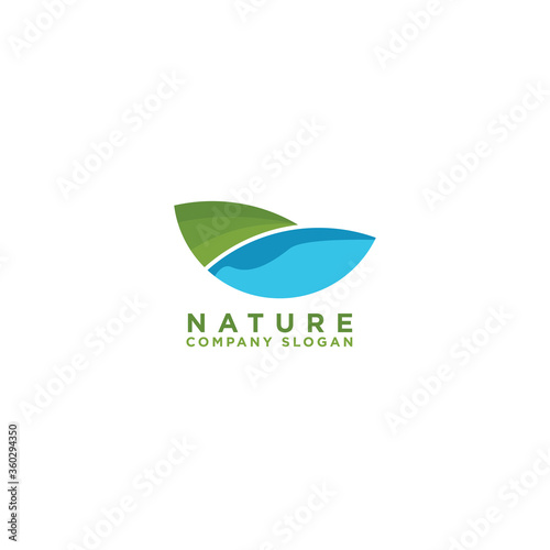 nature landscape logo design with lake,sea and meadow vector illustration