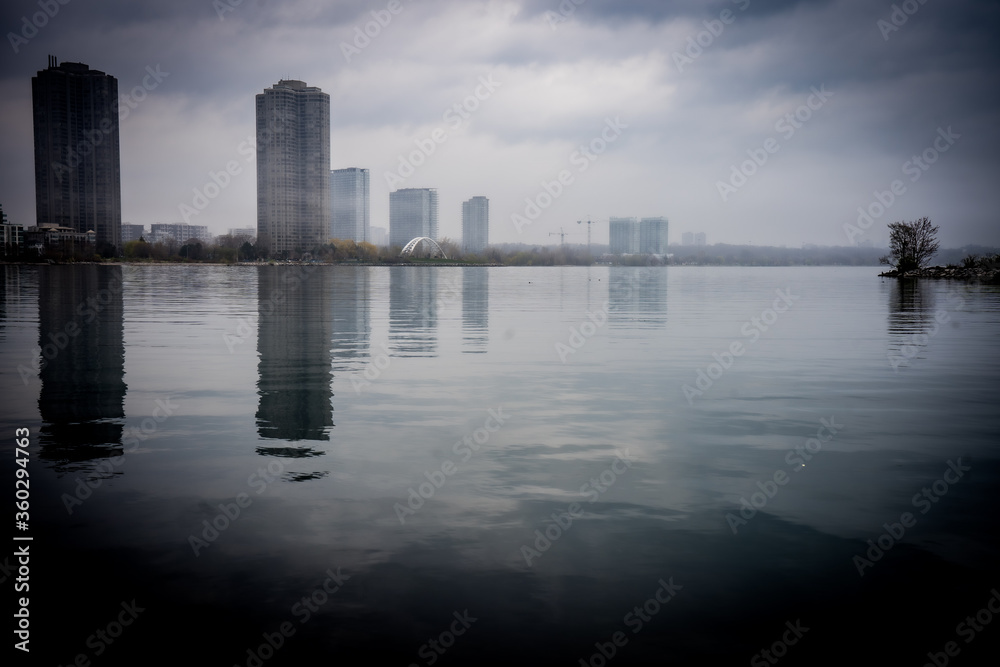 View of the Humber Bay in Etobicoke in Spring on a misty day