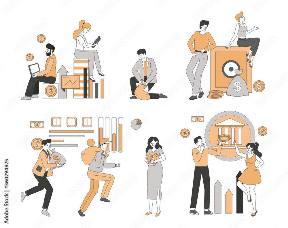 Happy smiling people earning and saving money, making business analysis and financial plans vector cartoon outline illustration. Economic growth, financial success, and stock market concept.