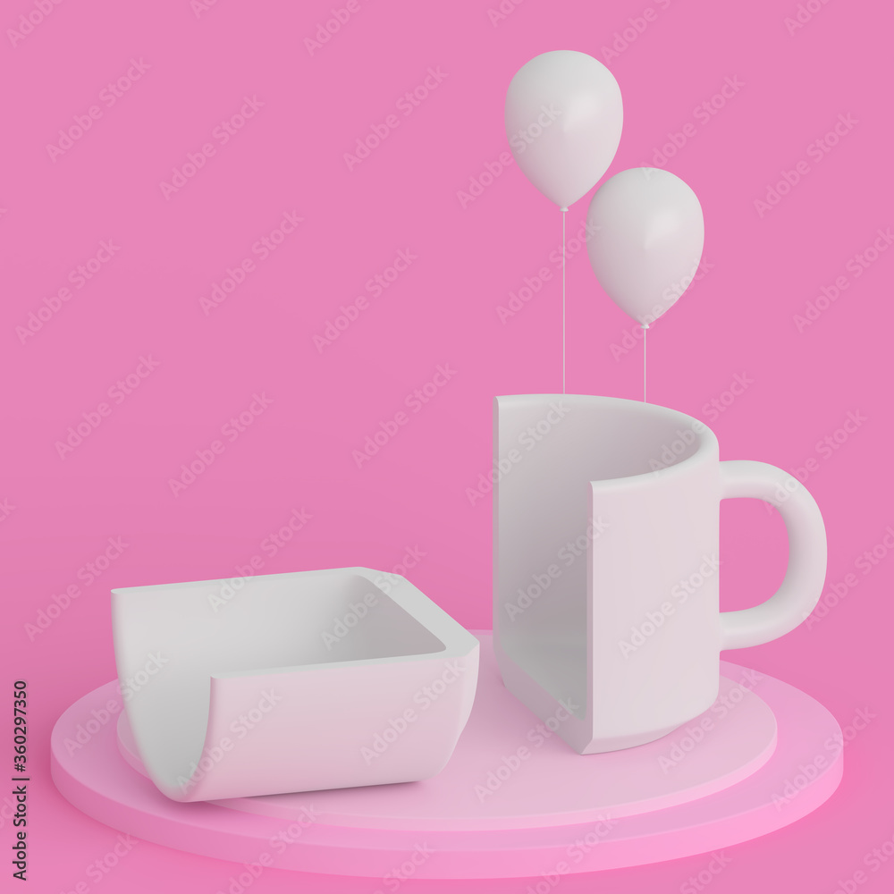 White cup on a pink minimalist background. Сoffee and tea cup with clouds and balloons.