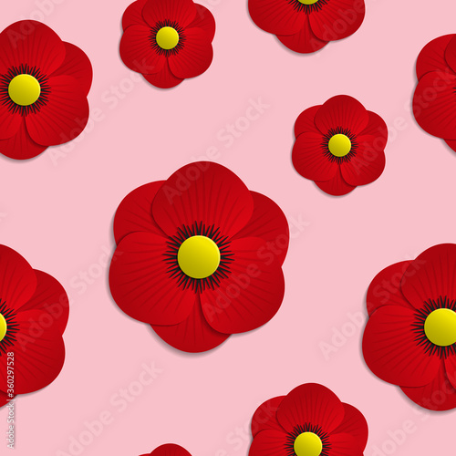 Stylized poppy flower seamless pattern of red color with shadow on light pink background.