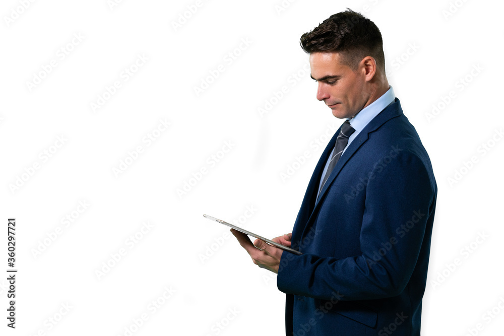 Caucasian businessman holding a tablet computer on white background Caucasian businessman holding a tablet computer on white background