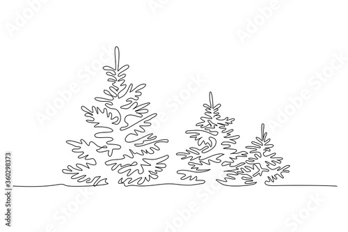 Pine fir trees in a forest. Continuous one line drawing