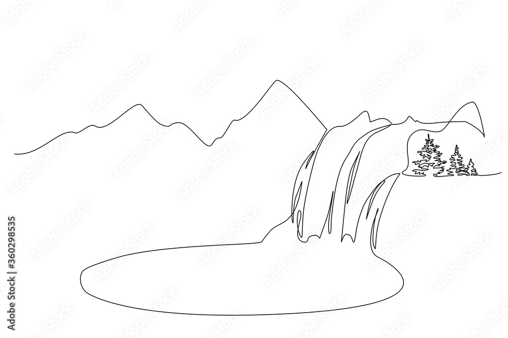 Landscape with mountains, waterfall and lake. One line - obrazy, fototapety, plakaty 