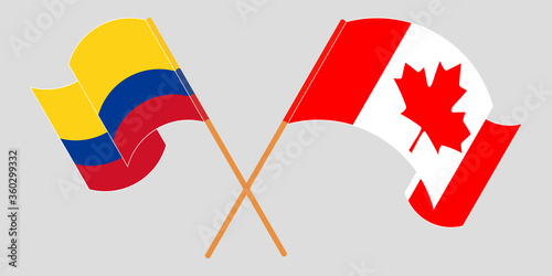 Crossed and waving flags of Colombia and Canada