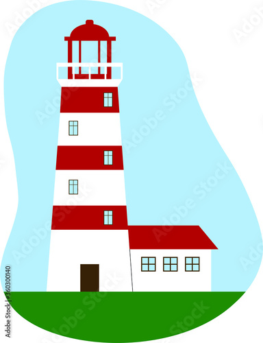 Lighthouse in red and white stripes with the house