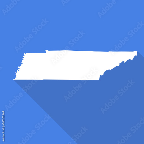 Tennessee white map flat simple style with long shadow on blue background. State border. Vector Illustration