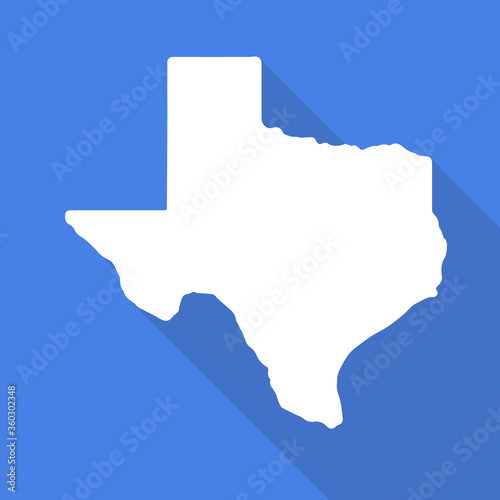 Texas white map flat simple style with long shadow on blue background. State border. Vector Illustration