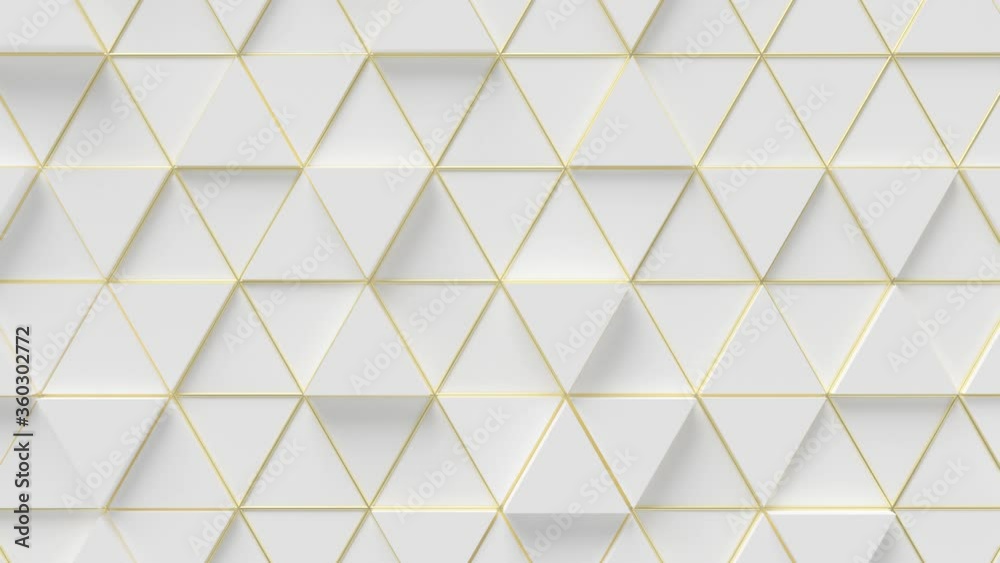 Elegant Triangles Surface Loop 1 Gold x White: group of many white triangles over a gold yellow grid. Abstract triangular background. Elegant luxury. Glossy look. Seamless loop. 4K