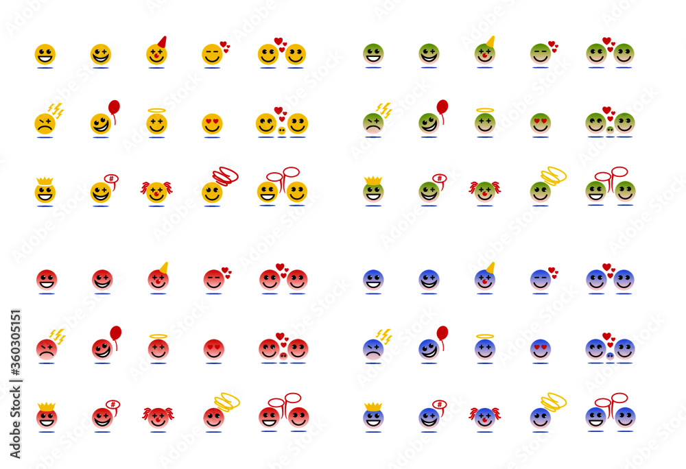 Smileys, Icon-Set, gelb, grün-rosé, rot-rosé, blau-