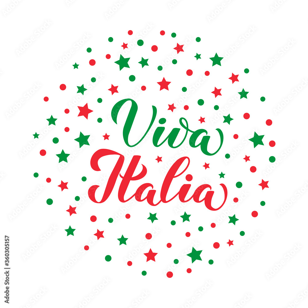 Viva Italia calligraphy hand lettering with red green stars and dots. Long Live Italy in Italian. Vector template for typography poster, banner, flyer, sticker, t-shirt, postcard, logo design, etc. Viva Italia calligraphy hand lettering with red green stars and dots. Long Live Italy in Italian. Vector template for typography poster, banner, flyer, sticker, t-shirt, postcard, logo design, etc.