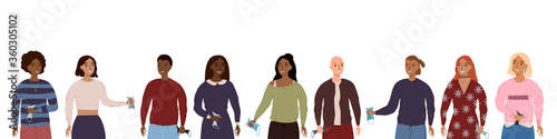 Smiling people taking off face masks isolated on white background. Set of happy people without masks. End of coronavirus epidemic. Quarantine is over. Happy people taking off medical masks.