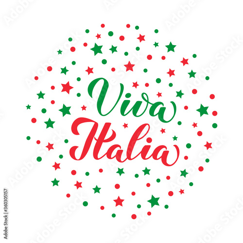 Viva Italia calligraphy hand lettering with red green stars and dots. Long Live Italy in Italian. Vector template for typography poster, banner, flyer, sticker, t-shirt, postcard, logo design, etc.