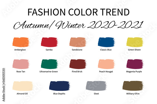 Fashion Color Trend Autumn Winter 2020 - 2021. Trendy colors palette guide. Brush strokes of paint color with names swatches. Easy to edit vector template for your creative designs