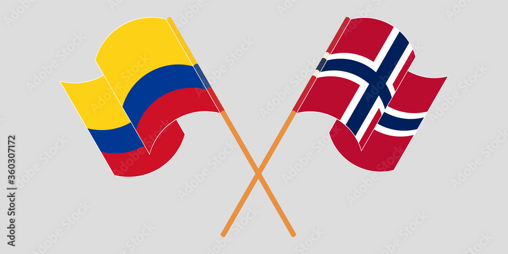 Crossed and waving flags of Colombia and Norway Crossed and waving flags of Colombia and Norway