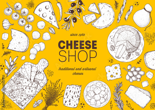 Cheese design template. Hand drawn sketch. Retro food background. Different cheese kinds banner. Dairy farm products cheese.