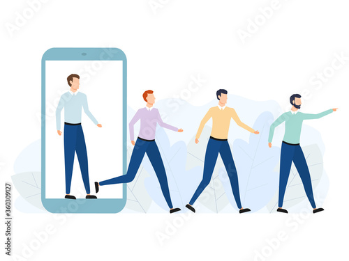 Group of men walking out of big phone. Virtual and real world concept.  Referral marketing program concept. Business teamwork. Vector illustration isolated on white