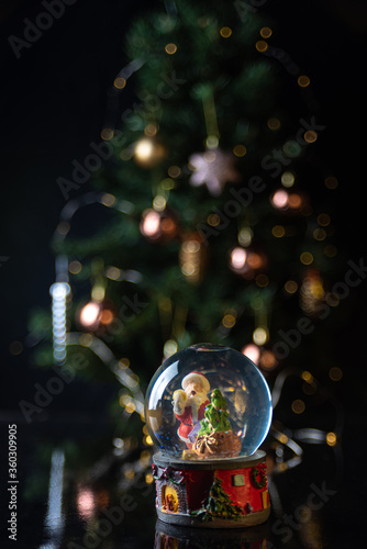 Christmas scene with tree, lights and snow globe. Selective focus on black background. © Milton Buzon