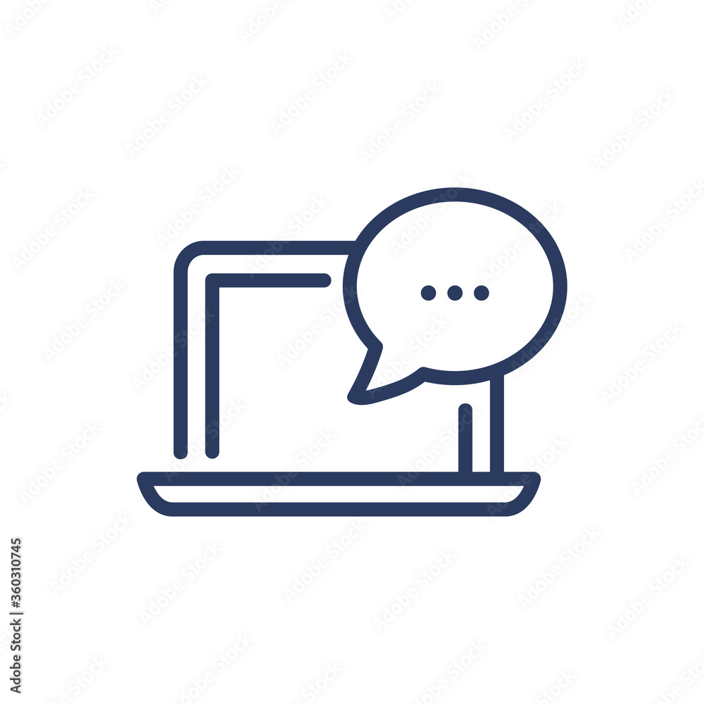 Chat on laptop thin line icon. Speech bubble, dialogue, message isolated outline sign. Communication, internet, network concept. Vector illustration symbol element for web design and apps Chat on laptop thin line icon. Speech bubble, dialogue, message isolated outline sign. Communication, internet, network concept. Vector illustration symbol element for web design and apps