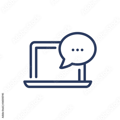 Chat on laptop thin line icon. Speech bubble, dialogue, message isolated outline sign. Communication, internet, network concept. Vector illustration symbol element for web design and apps