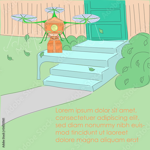 Flying Drone Delivering Goods to Home Porch