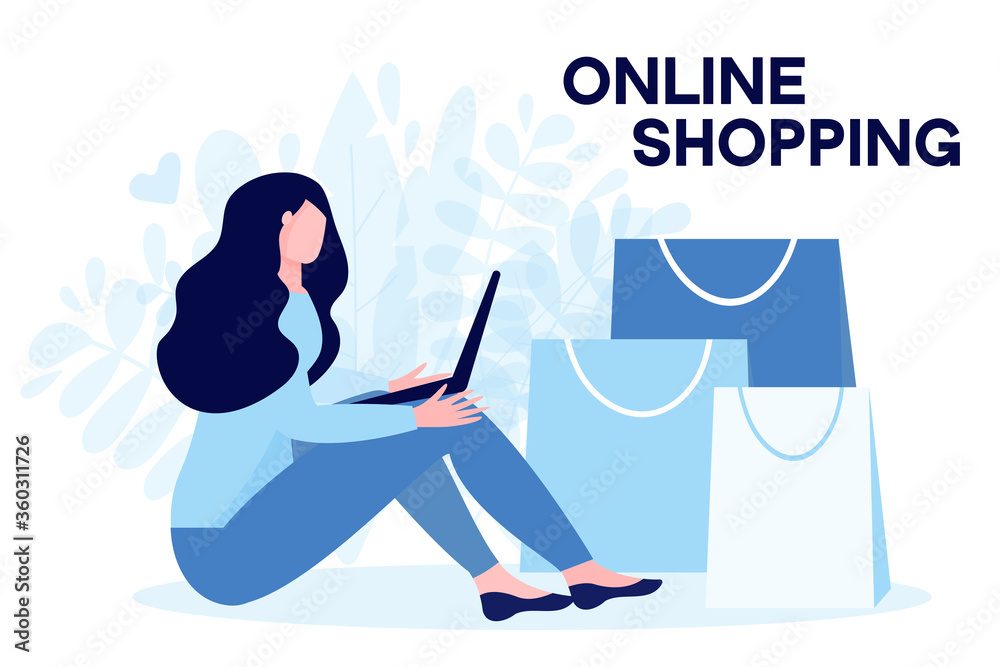 Young woman siiting with laptop and purchasing online, do shopping via internet. Blogger makes reviews on purchases. Concept of e-commerce, online shopping. Flat vector illustration. Young woman siiting with laptop and purchasing online, do shopping via internet. Blogger makes reviews on purchases. Concept of e-commerce, online shopping. Flat vector illustration.