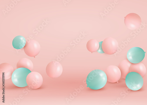 Set of pink, green balloons flying on the floor. Celebrate a birthday, Poster, banner happy anniversary. Realistic decorative design elements. Festive pastel pink background with helium balloons.