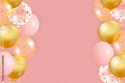 Set of pink, golden balloons with empty space for text. Celebrate a birthday, Poster, banner happy anniversary. Realistic decorative design elements. Festive background with helium balloons.