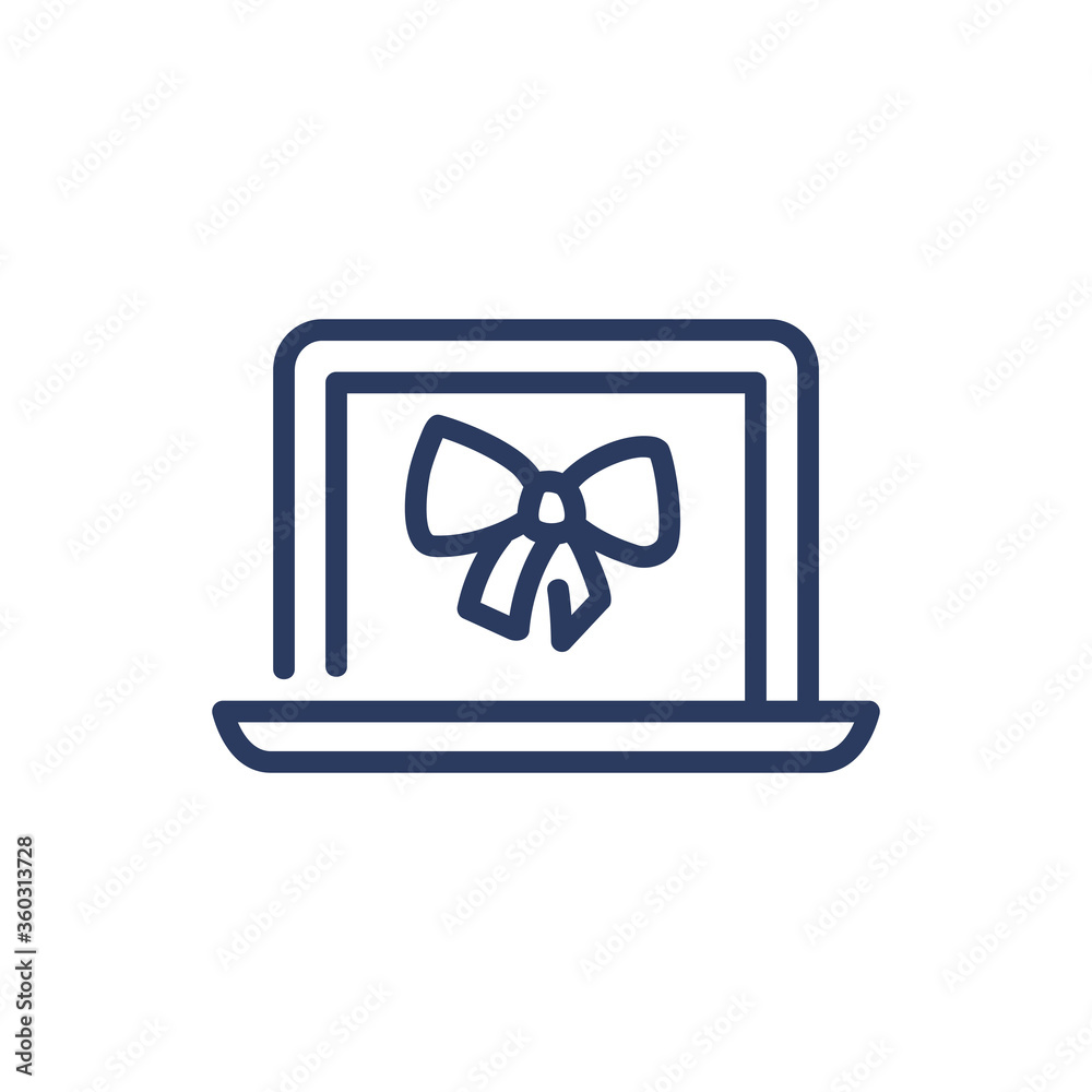Laptop pc with gift ribbon thin line icon. Computer with present bow on display isolated outline sign. Promotion, internet, communication concept. Vector illustration symbol element for web design Laptop pc with gift ribbon thin line icon. Computer with present bow on display isolated outline sign. Promotion, internet, communication concept. Vector illustration symbol element for web design