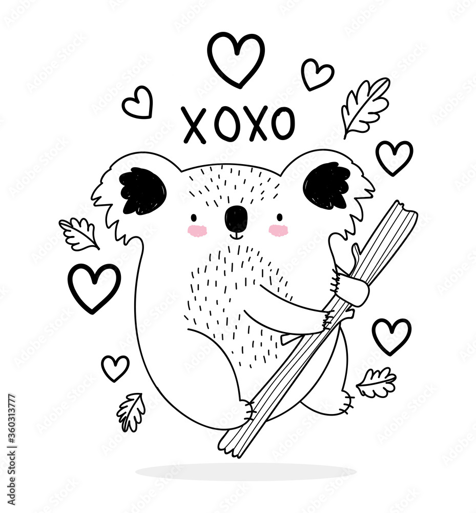 cute animals sketch wildlife cartoon adorable koala in branch love hearts  Stock Vector | Adobe Stock