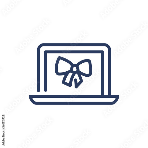 Laptop pc with gift ribbon thin line icon. Computer with present bow on display isolated outline sign. Promotion, internet, communication concept. Vector illustration symbol element for web design