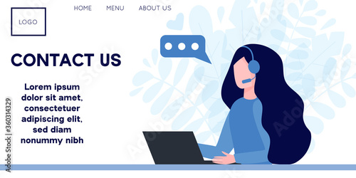 Woman operator in headphones with laptop. Concept of customer service, call center, hotline operator, online technical support 24 7, assistance. Flat vector illustration, banner for landing page.