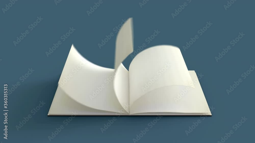 Notebook opening start black color cover and white clear paper inside book with 3d animation and rendering realistic look.