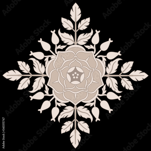 Symmetrical floral square decor. Rhombus mandala with wild rose motifs. Monochrome silhouette.