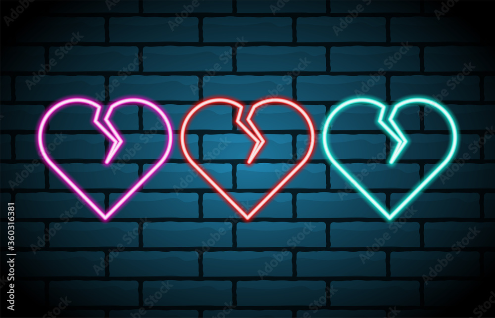 Broken heart neon sign. Decoration element. Vintage neon heart on a signboard. Eps10 vector