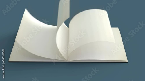 Flip opening book cover and inside 3d animation.Camera movement for present book.Show clean paper flip page by page and black cover book.