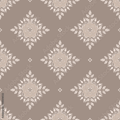 Seamless monochrome geometrical pattern with floral rhombuses. photo