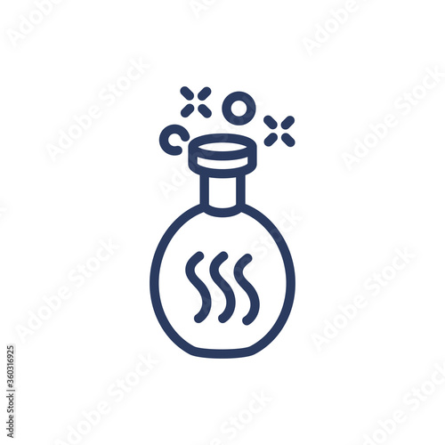 Round flask with reagent thin line icon. Liquid, glass, experiment isolated outline sign. Chemistry and science concept. Vector illustration symbol element for web design and apps