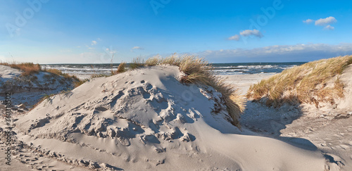 Bike path and pedestrian entrance to the beach in Hiddensee island, Baltic See in Germany, panorama