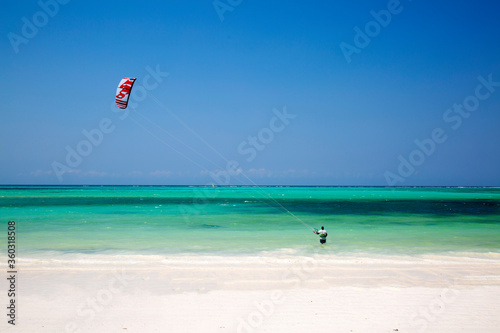 kite boarding on a tropical island of Zanzibar.  Kite surfing school in Zanzibar, 