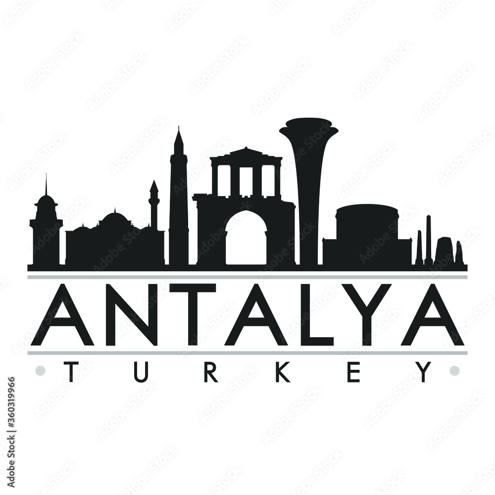 Fototapeta premium Antalya Turkey Skyline Silhouette Design City Vector Art Famous Buildings
